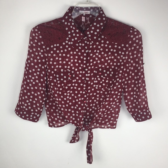 Bongo Blouse Crop Sheer Burgundy M Polka Dots * - Picture 7 of 7